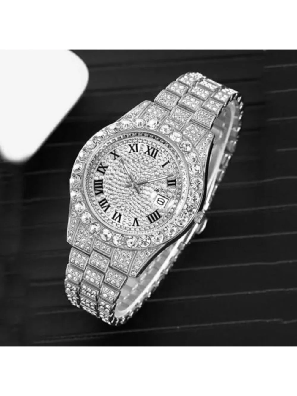 Iced-Out Bling Diamond Luxury Quartz Watch for Men - Hip Hop Style with Date